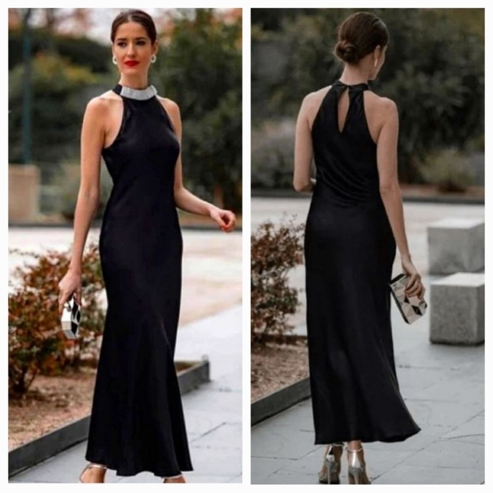 Zara Slip Satin Halter Neck Midi Black Event Dress Beaded Collar Size XL NWT